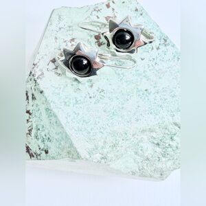 Vintage Solid Sterling Silver Star with Spinning Onyx Center Earrings - Signed